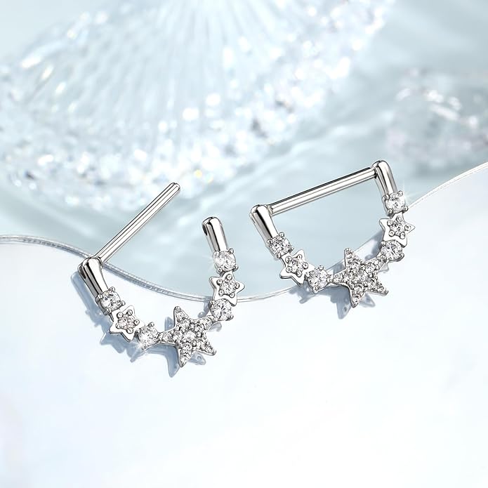 Melighting 14G Star Nipple Rings Steel 316L Nipple Piercing Jewelry Clear CZ Nipple Bars Clicker Nipple Barbell For Women Men 14mm