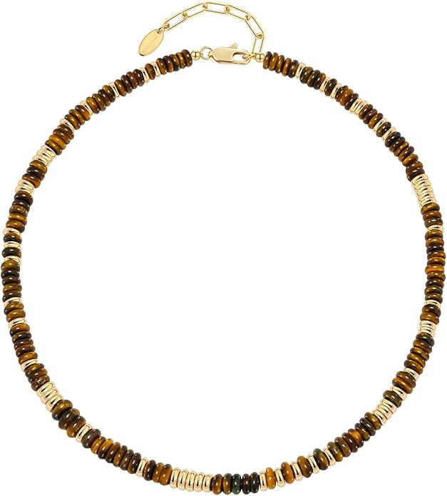 Beaded Necklace for Women, Colorful Boho Beach Handmade Bead Choker, 14K Gold Plated Stackable Bohemian Multicolor Natural Stone Necklace