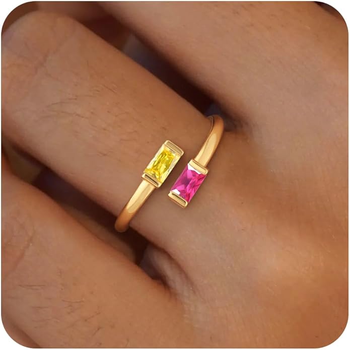Honsny Gold Birthstone Rings for Women Non Tarnish 14K Gold Plated Adjustable Emerald Ring Cubic Zirconia Gemstone Promise Ring for Her Engagement Personalized Waterproof Jewelry Gifts for Birthday
