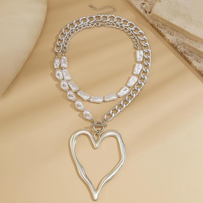 Chunky Gold Heart Necklace for Women,Y2K Big Heart Statement Necklace Long Puffy Hearts Chain Charm Necklaces Trendy Jewerly