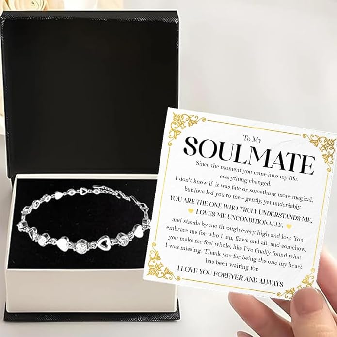 To My Soulmate Bracelet for Women, Heart Chain Bracelet with Shiny Stones, Perfect Birthday or Anniversary Christmas Gift for Soulmate with Message Card and Gift Box