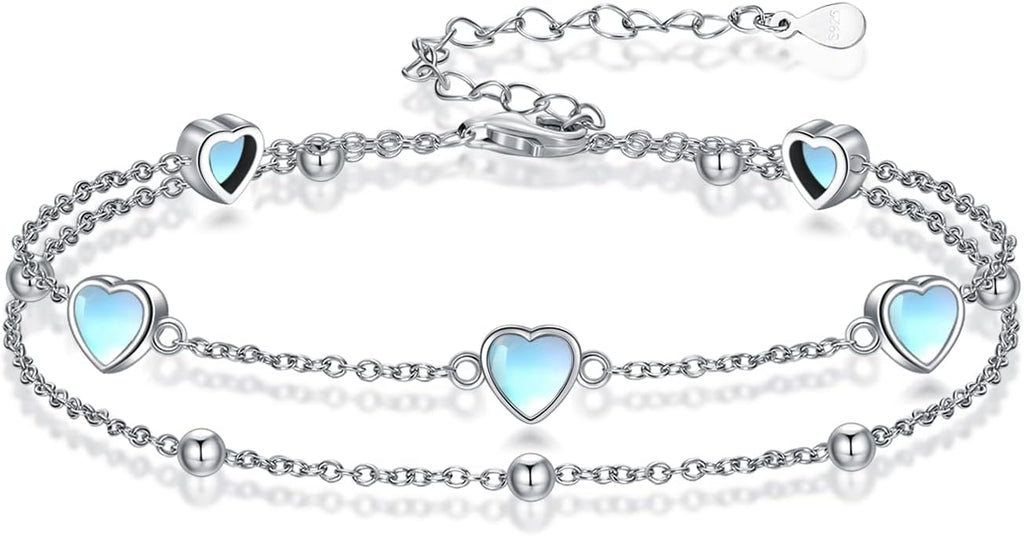 Birthstone Anklet/Bracelets for Women 925 Sterling Silver Charm Link Double Strand Heart Birthstone Jewelry Gift for Wife Women Mother's Day Gift