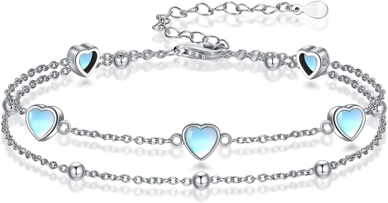 Birthstone Anklet/Bracelets for Women 925 Sterling Silver Charm Link Double Strand Heart Birthstone Jewelry Gift for Wife Women Mother's Day Gift