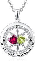 Compass Necklace for Women, Exquisite S925 Valentines Day Anniversary Birthday Gifts for Wife Her Double Birthstone Pendant Jewelry ‘I'd be Lost Without You’