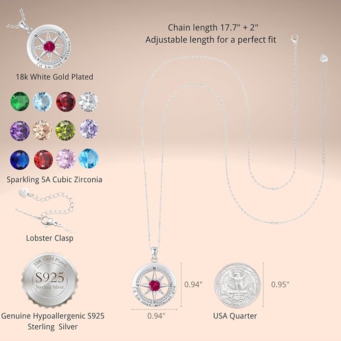Compass Necklace for Women Wife Girlfriend Mom Daughter Gifts S925 Sterling Silver Jewelry For Anniversary Rose Gold Gifts For Birthday Christmas Mothers Valentines Day 12 Birthstones