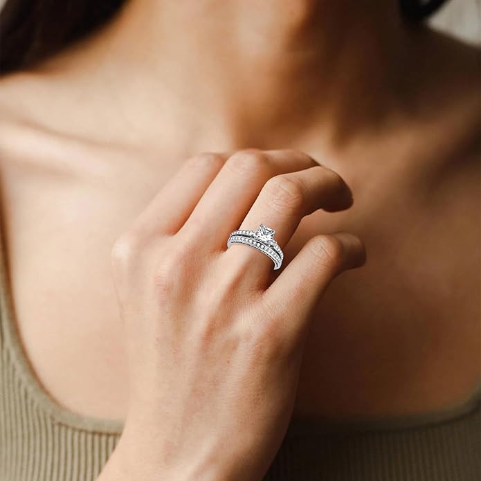1 to 5 Carat Moissanite Ring Set S925/10K/14K/18K Gold, Princess Cut VVS1 Clarity D Color Moissanite Engagement Rings Set Luxury Bridal Jewelry Wedding Gifts for Women