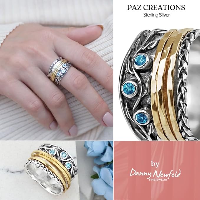 Paz Creations 925 Sterling Silver Spinner Rings for Women With Natural Gemstones - Hammered Pattern Thick Band - Handcrafted Artisan Jewelry - Fidget Rings - Gift For Her