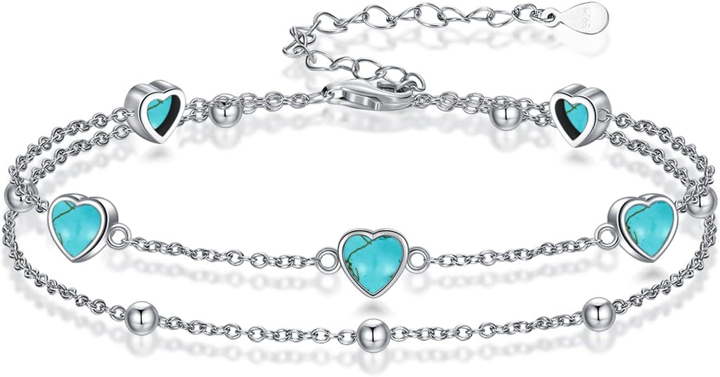 Birthstone Anklet/Bracelets for Women 925 Sterling Silver Charm Link Double Strand Heart Birthstone Jewelry Gift for Wife Women Mother's Day Gift