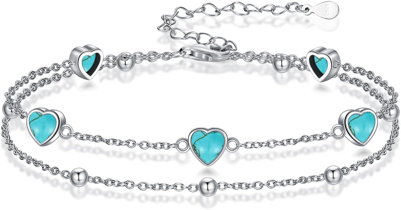 Birthstone Anklet/Bracelets for Women 925 Sterling Silver Charm Link Double Strand Heart Birthstone Jewelry Gift for Wife Women Mother's Day Gift