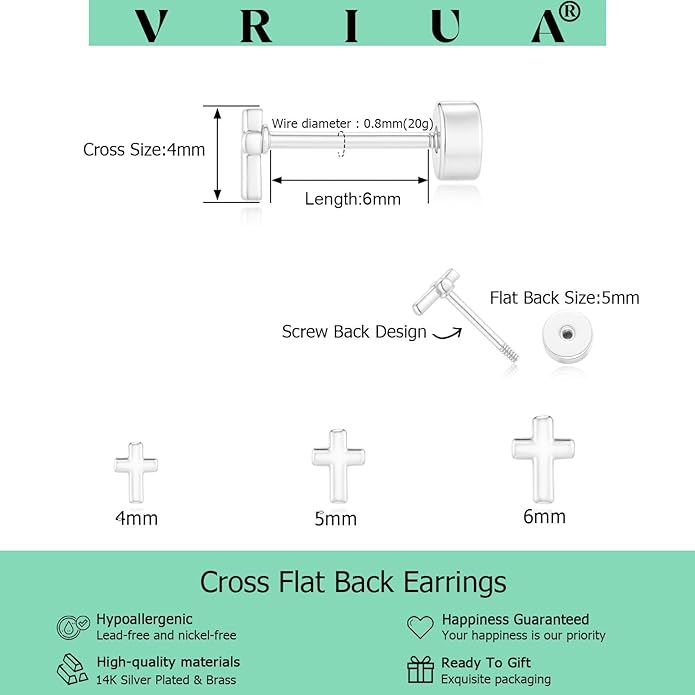 VRIUA 20G Tiny Flat Back Earrings for Women - 14K Gold/Silver Plated Small Flat Back Stud Earrings Hypoallergenic Cartilage Helix Piercing Jewelry