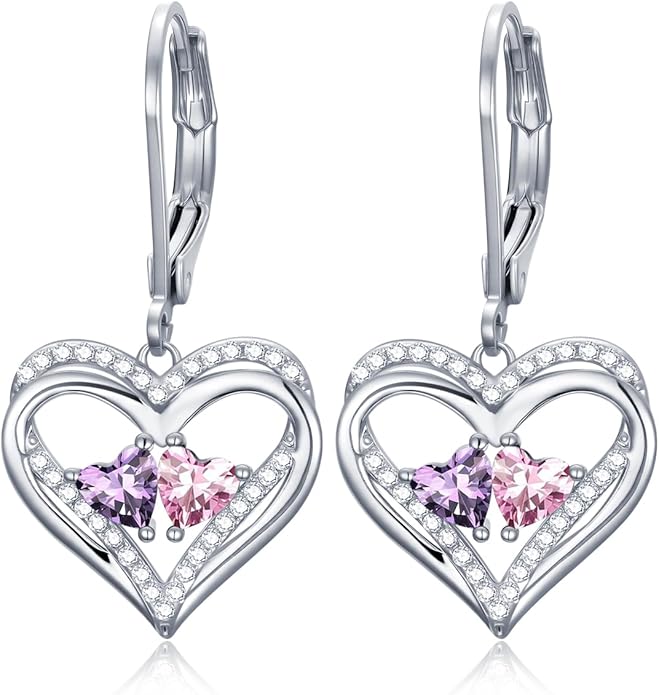 Valentines Day Gifts for Women, Heart Leverback Earrings Double Birthstone Dangle Earrings for Women, Love Jewelry for Her, Anniversary Birthday Gift for Mom Wife Girlfriend