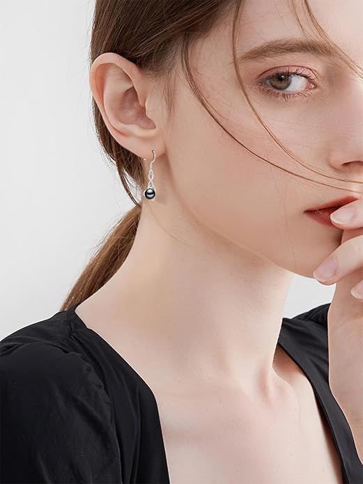 Tahitian Black Pearl Earrings Gifts for Women Wife Celtic Dangle Drop Earrings Wedding Birthday Anniversary Jewelry Valentines Christmas Day Gifts 925 Sterling Silver