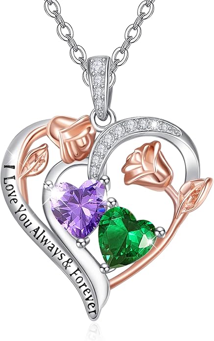 Valentine's Day Gifts for Wife 925 Sterling Silver Double Birthstone Pendant Necklaces I Love You for Always and Forever Necklace Anniversary Birthday Gifts for Wife Girlfriend Mom Her