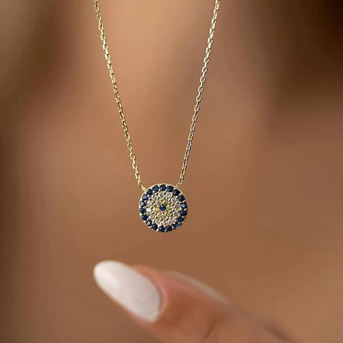 Evil Eye Necklace for Women 14K Gold Plated Delicate Necklaces Blue White CZ Diamond Pendant Necklace Cute Boho Tiny Evil Eye Lucky Protection Jewelry Gift for Women