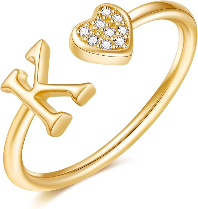 Valentines Day Gift Initial Rings for Teen Girls - S925 Heart Sterling Silver Rings for Teen Girls | 14K Gold/Rose Gold/Sterling Silver Plated Ring for Girls Kids Women Ring for Teenager Girls Gifts Adjustable, No Tarnish, Hypoallergenic