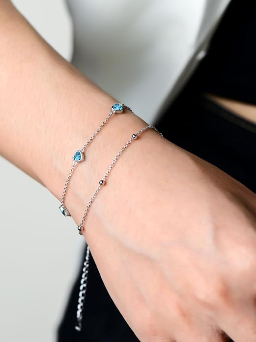 Birthstone Anklet/Bracelets for Women 925 Sterling Silver Charm Link Double Strand Heart Birthstone Jewelry Gift for Wife Women Mother's Day Gift