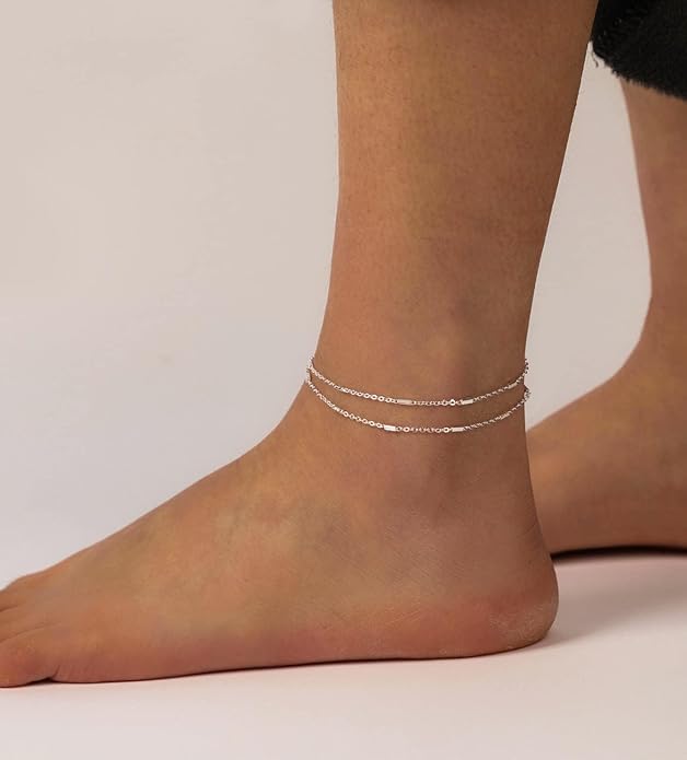 MIDEEO Gold/Silver Ankle Bracelets for Women,14K Gold Anklets for Women Waterproof Cuban Link Heart Beads Herringbone Rhinestone Anklets Set Layered Anklet Bracelets for Women Gold Jewelry Gift