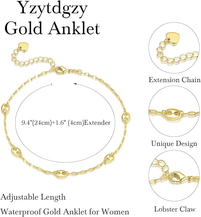 14K Gold Anklets for Women Gold Ankle Bracelets for Women Anklet for Womens Simple Design with Uniquely Oval Connectors Beach Boho Ankle Bracelet for Womens Adjustable (9.6-11) in