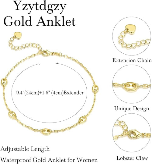 14K Gold Anklets for Women Gold Ankle Bracelets for Women Anklet for Womens Simple Design with Uniquely Oval Connectors Beach Boho Ankle Bracelet for Womens Adjustable (9.6-11) in