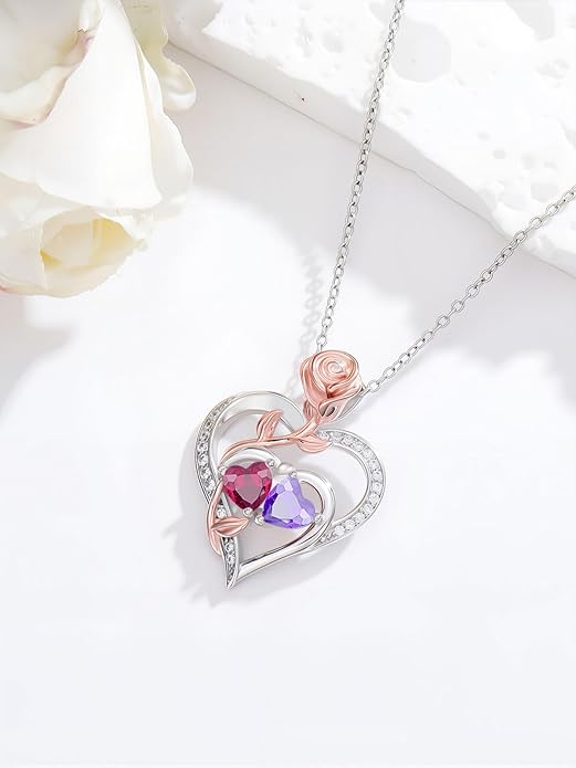 Rose Flower Heart Pendant for Women Birthday Gifts 18k Gold Plated Mother Daughter Necklace with 12 Months Birthstone Christmas Valentines Day Gifts for Her Mom Anniversarry Jewelry for Mom Wife Girlfriend