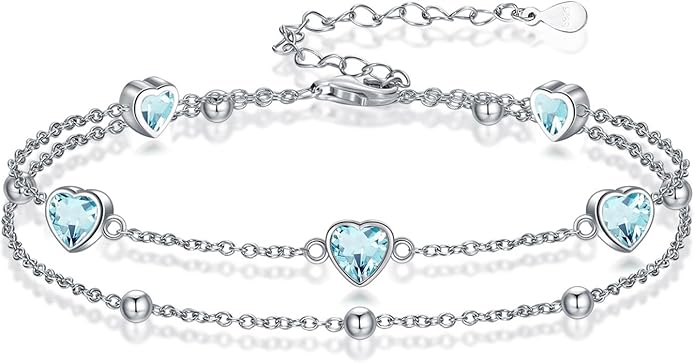 Birthstone Anklet/Bracelets for Women 925 Sterling Silver Charm Link Double Strand Heart Birthstone Jewelry Gift for Wife Women Mother's Day Gift