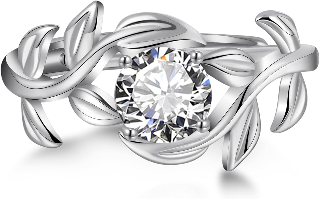 Adjustable Women Leaf|Wheat Grain|Filigree Ring 925 Sterling Silver Created Ruby|Sapphire|Cubic Zirconia Engagement Ring for Women Promise Wedding Ring Anniversary Valentines Open Size 5-9
