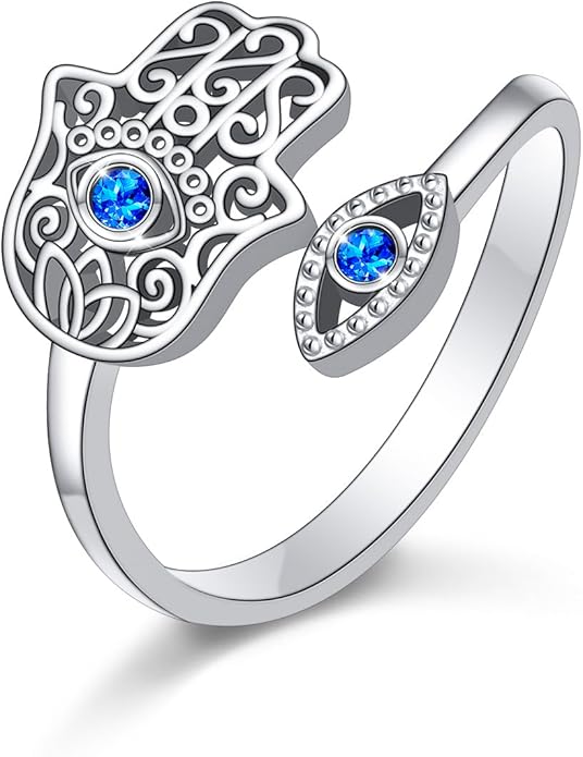 Hamsa Hand of Fatima Lotus Evil Eye/Love Heart/Butterfly/Rose Spoon Adjustable Open Rings 925 Sterling Silver Statement Ring Jewelry Gifts for Women