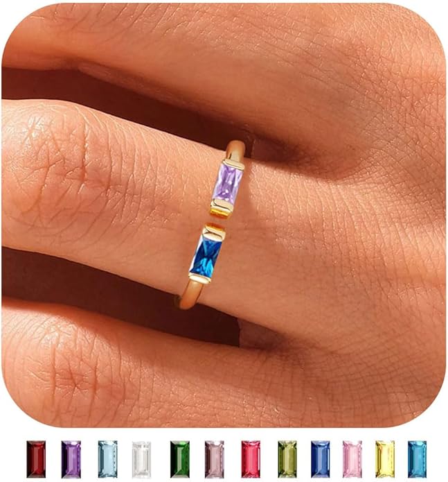 WFYOU Gold Birthstone Rings for Women - Non Tarnish Dainty 14K Gold Plated Stackable CZ Rings for Her & Couples - Personalized Jewelry Gift for Birthday