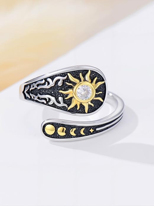 Midari Sun and Moon/Bee/Celtic/Life of Tree/Lotus Spoon Ring for Women 925 Sterling Silver Adjustable Ring Open Ring for Women Men Halloween Birthday Gift
