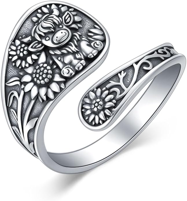 Midari Sun and Moon/Bee/Celtic/Life of Tree/Lotus Spoon Ring for Women 925 Sterling Silver Adjustable Ring Open Ring for Women Men Halloween Birthday Gift