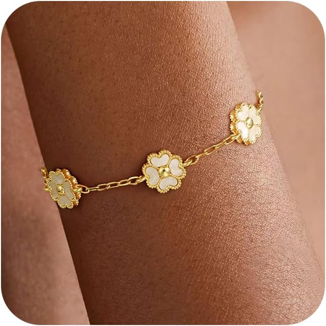 14K Gold Plated Clover Bracelets for Women Flower Four Leaf Link Bracelets Trendy Jewelry Gifts for Women