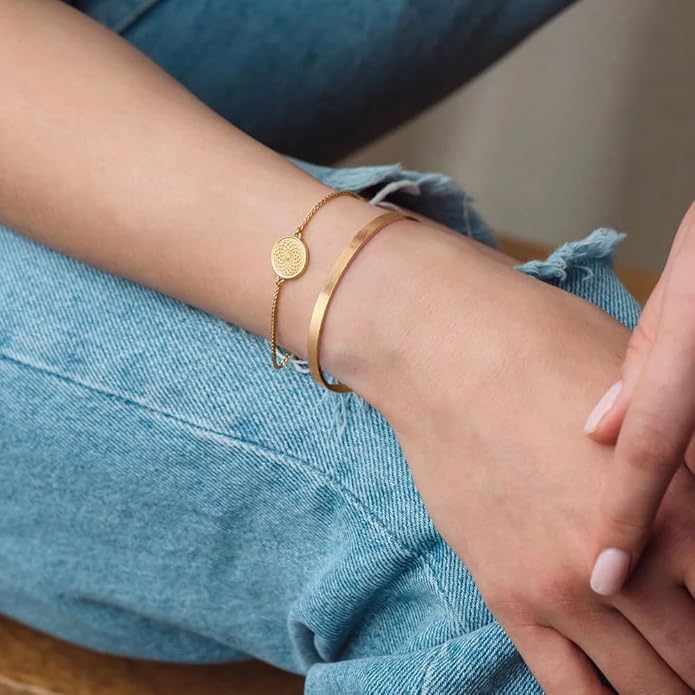 POTESSA 18K Gold Plated Cuff Bracelets Adjustable Dainty Bangle Handemade Jewelry for Women