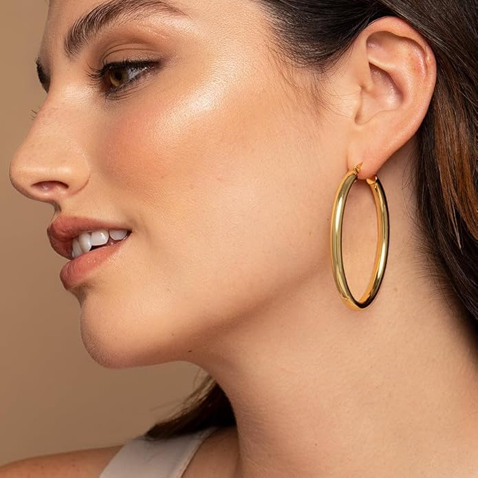 4mm Thick Gold Chunky Earrings Steling Silver Post Hoops Earrings For Women Hollow Tube Hoops Earrings Thick Gold Hoop Earrings Hypoallergenic Lightweight Gold Hoop Large Earrings 20/30/40/50/60MM