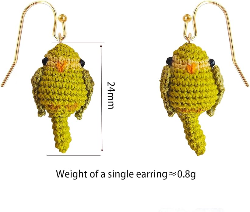 Hand-crocheted yellow and blue parrot earrings, miniature crocheted artistic cute playful parrot gifts accessories