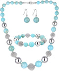 PEARL&CLUB Beaded Chunky Statement Necklace Earring and Bracelet Set Silver Metal Bead Fashion Jewelry Set Mothers’ Day Gifts for Women