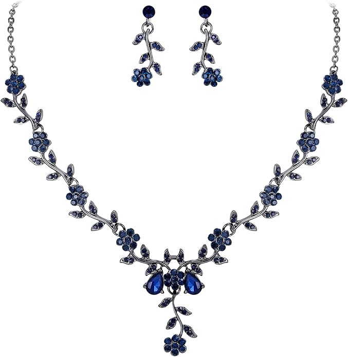 BriLove Women's Wedding Jewelry Leaf Cluster Flower Crystal Dangle Earrings Pendant Necklace Set for Bridal