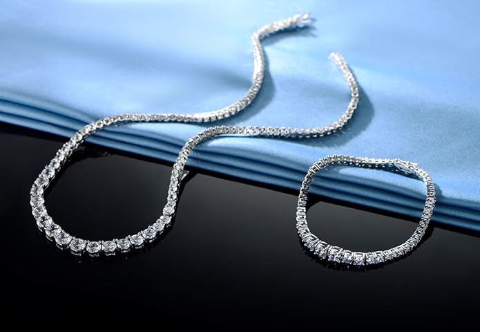 Gemsme 18K White Gold Plated Tennis Necklace/Bracelet/Earrings/Band Ring Sets Hypoallergenic Jewelry Pack of 4