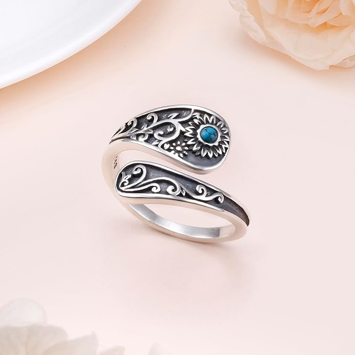 FLYOW Sterling Silver Sunflower Spoon Ring Victorian Style Boho Antique Flower Adjustable Open Ring Retro Statement Cubic Zirconial/Turquoise/Oxidized Thumb Rings for Women Birthday Christmas Jewelry