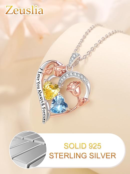 Valentine's Day Gifts for Wife 925 Sterling Silver Double Birthstone Pendant Necklaces I Love You for Always and Forever Necklace Anniversary Birthday Gifts for Wife Girlfriend Mom Her