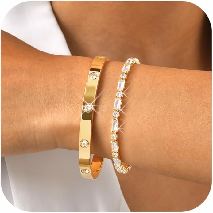 Stackable Gold Bracelets for Women - 2Pcs 18K Gold Plated Cubic Zirconia Bangle Bracelet Friendship Tennis Bracelet Stack Jewelry,Party Christmas Birthday Gifts for Her Girlfriend Sister Wife Daughter