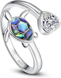 KINGWHYTE Sea Turtle Rings for Women 925 Sterling Silver Ring Adjustable Abalone Shell Open Ring with Heart Zircon Turtle Jewelry Birthday Christmas Gifts