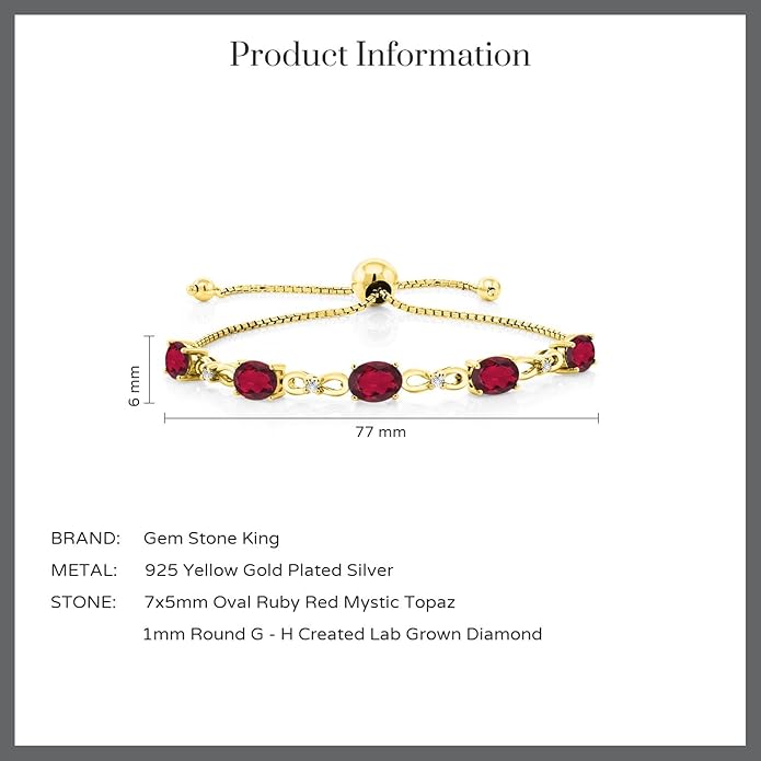 Gem Stone King 7X5MM Oval Cut Gemstone Birthstone and Accent Lab Grown Diamond Tennis Bracelet For Women In 18K Yellow Gold Plated Silver | Adjustable Bolo Bracelet For Women | Easy-On Easy-Off