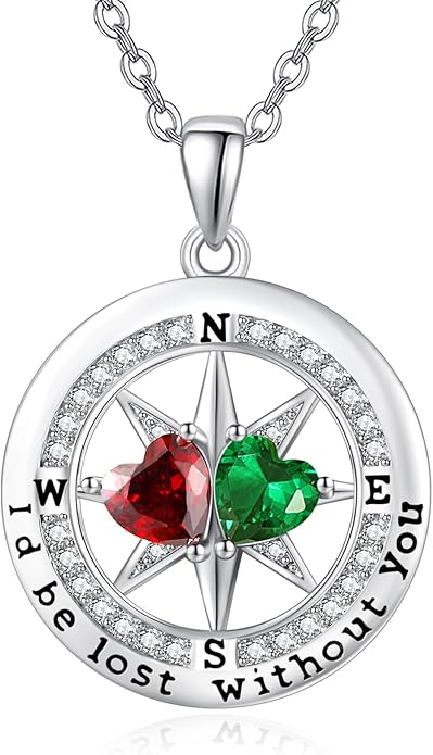 Compass Necklace for Women, Exquisite S925 Valentines Day Anniversary Birthday Gifts for Wife Her Double Birthstone Pendant Jewelry ‘I'd be Lost Without You’