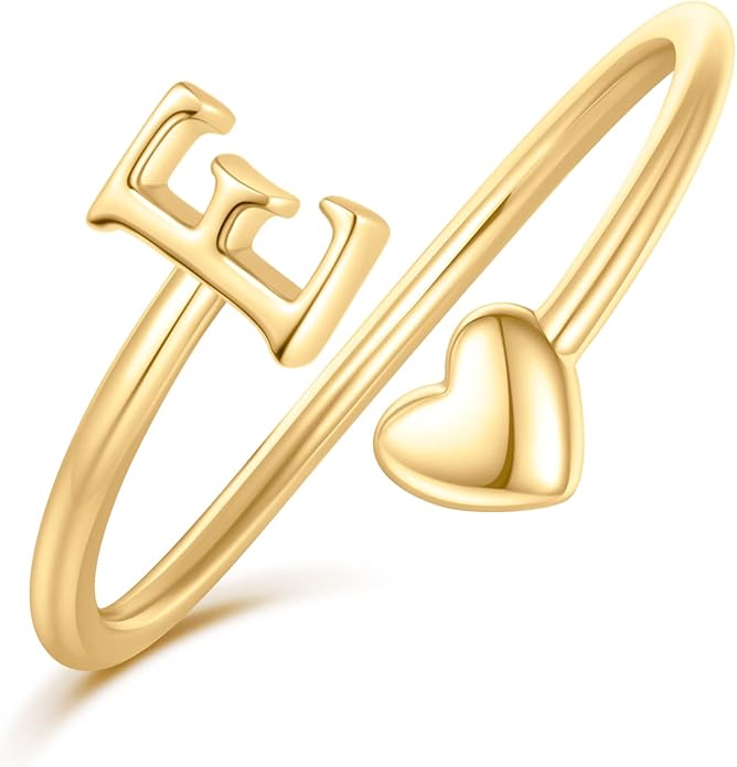 Initial Rings for Women Girls - Valentines Day Gifts for Her, Adjustable Rings for Women Non Tarnish Letter A-Z Dainty Heart Ring Teen Girls Gifts Trendy Stuff Personalized Jewelry Gift