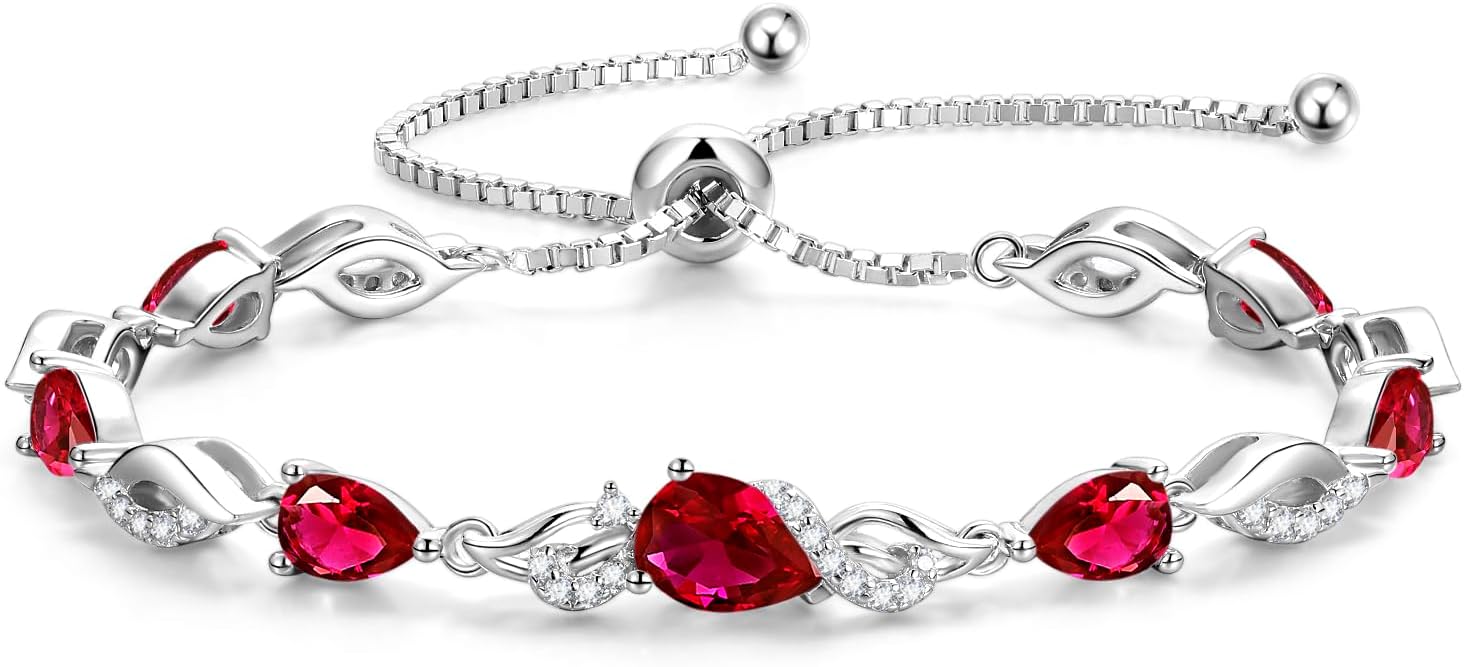 FANCIME Birthstone Teardrop Tennis Bracelet for Women, Sterling Silver 9x7mm main Gemstone Bolo Adjustable Chain Bracelet Fine Jewelry Birthday Gifts for Women Mom Wife Her