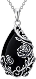 Black Onyx Necklace 925 Sterling Silver Flower Insect Pendant Teardrop Onyx Jewelry Valentines Day Birthday Gifts for Women