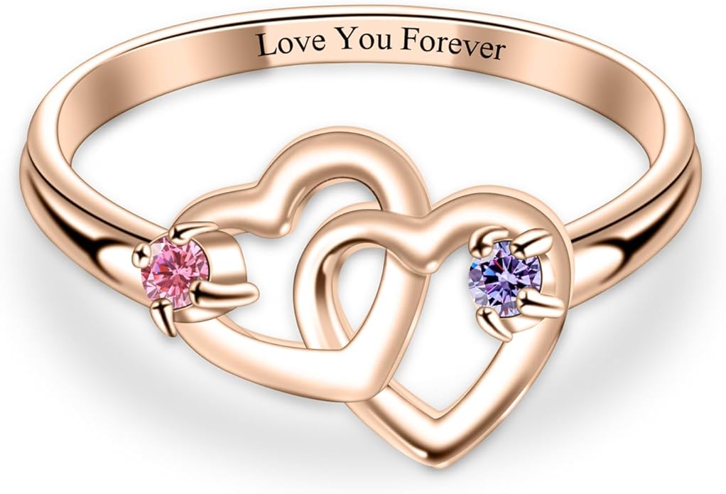 Personalized Heart Birthstone Rings for Women with 2 Birthstones Custom Name Rings for Couple Mother Daughter Jewelry Gift for Mother Her Christmas