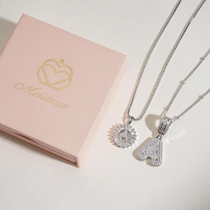 Initial Letter Necklace for Women 14k White Gold Silver Plated Dainty Necklaces Trendy Chunky Custom Layered Necklace Set Personalized Round Circle Zirconia A-Z Letter Chain Pendant Jewelry Gift