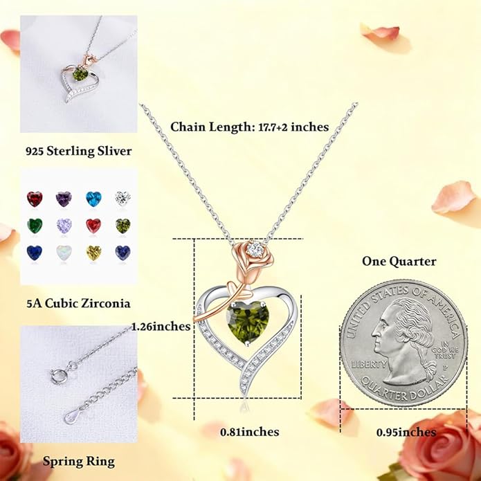 immobird Rose Gold Heart Necklace Birthstone Jewelry Sterling Silver Jewelry Plated White Gold Valentine's Day Gift Women for Wife Mom Necklace for Women