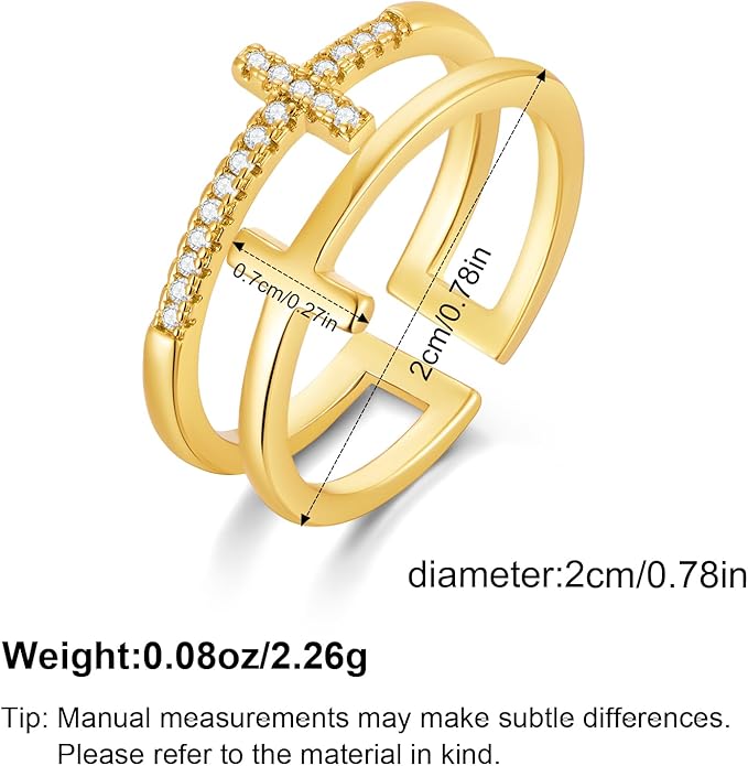 Cross Ring for Women 14 Gold Plated Hammered Texture Open Ring Size Adjustable Dainty Faith Christian Jewelry Gifts